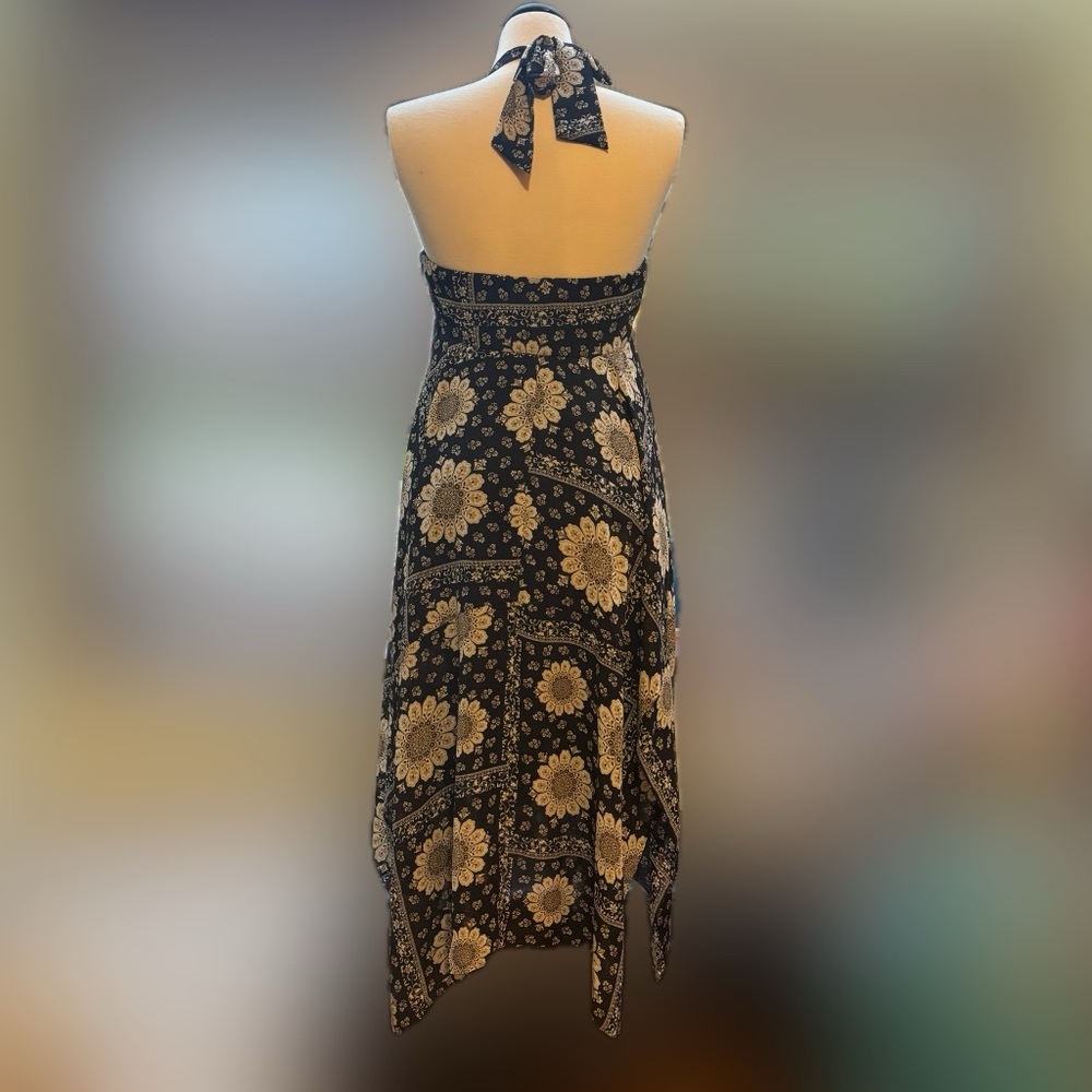 Vintage 90s Y2K Black White Floral Halter Boho Festival Midi Maxi Dress Size 8 - Picture 3 of 11
